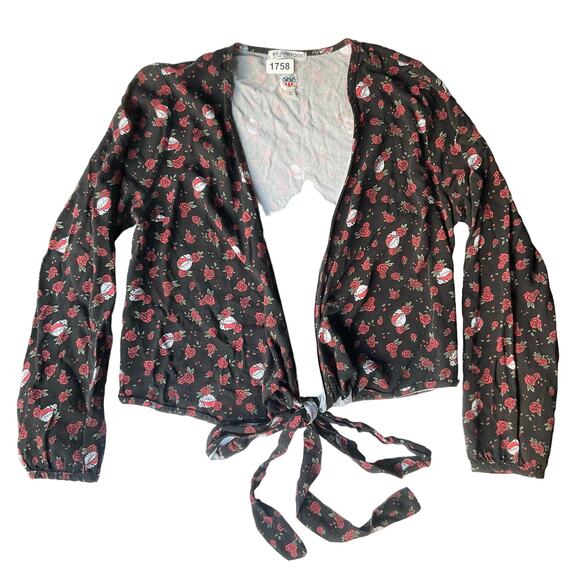 Junk Food Women’s Long Sleeve Rayon Wrap Blouse size L, Black & Red Roses - Picture 1 of 7